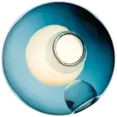Bocci 28 ceiling light, blue glass sphere, features warm beige inner circle, chrome socket, and reflective base against olive green.